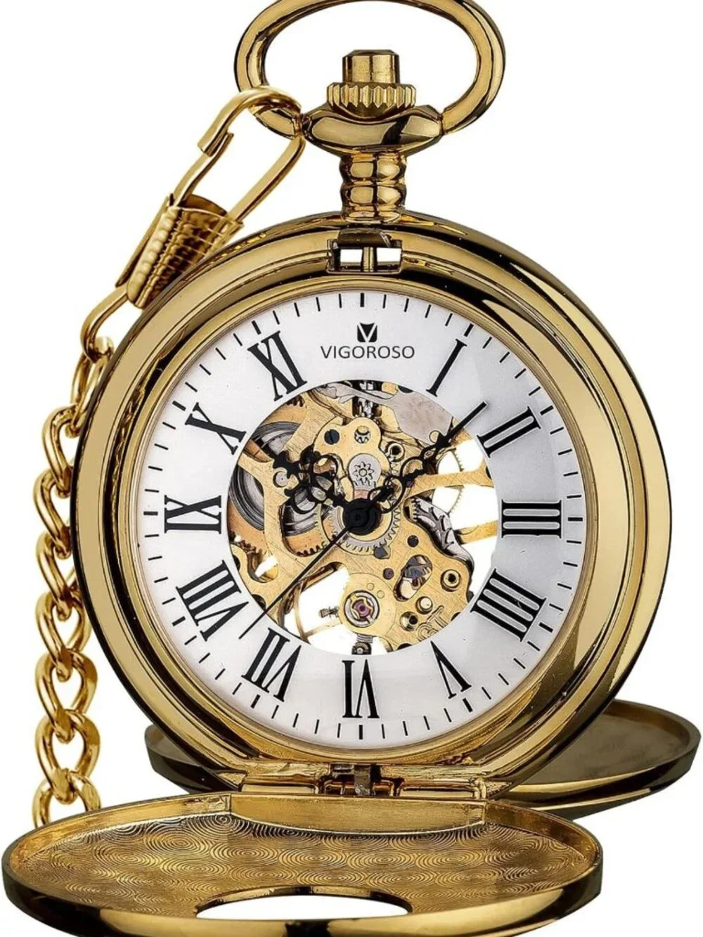 Vintage Mechanical Pocket Watch for Men, Hand-Wind Skeleton Design with Chain